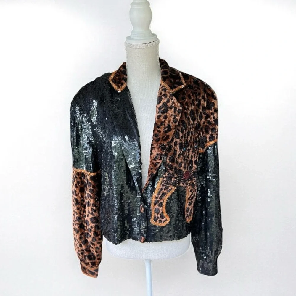🌻Vintage MODI Exotic Leopard Jeweled Beaded Silk Jacket Circa 1980s Size Medium - Picture 3 of 12